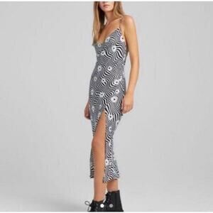 Bershka cross back floral satin slip dress in black white size XS NWT